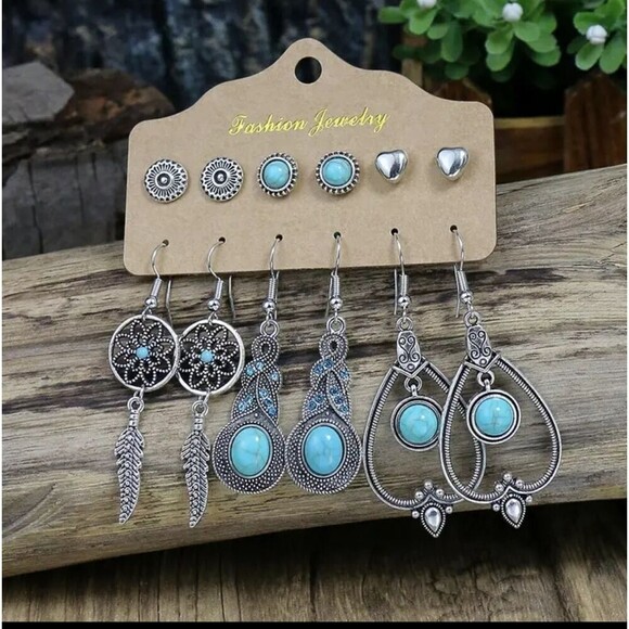DREAM CATCHER feather turquoise silver boho earring bundle - Picture 1 of 5